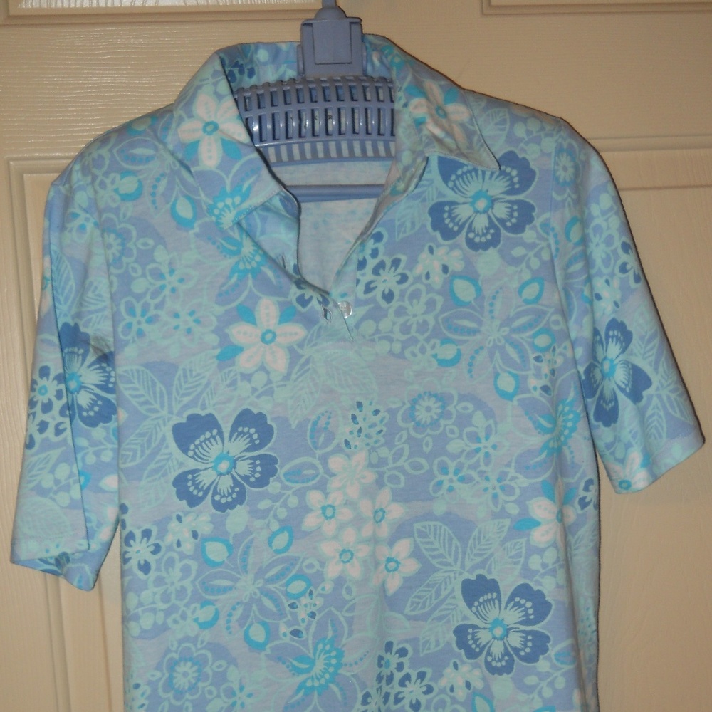 Ladies Medium Blue Floral Polo Shirt Haymaker